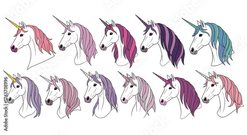 Whimsical Unicorn Heads Set: Fantasy Animals with Colorful Manes on White Background for Children's Designs, Mythical Illustrations, Creative Projects, and Storybook Assets, Perfect for Magical Themes