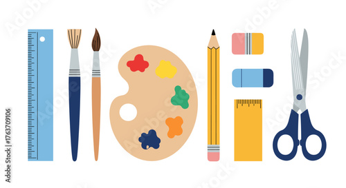 Vibrant Art Supplies Illustration Set for Creative Projects:  Paintbrush Palette Ruler, Pencil, Eraser, Scissors Arrangement on White Background for Education, Design, Crafting, Back to School Resourc