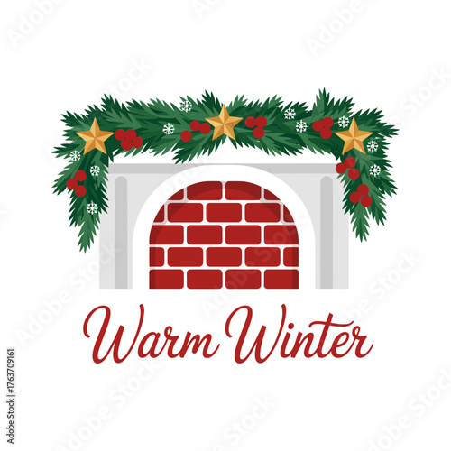 Warm Winter festive fireplace, classic red bricks, evergreen garland above, gentle snow, inviting holiday mantle scene, vector illustration