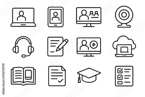 Online vector headset video icons platform icon assignment sheet lecture cloud classroom