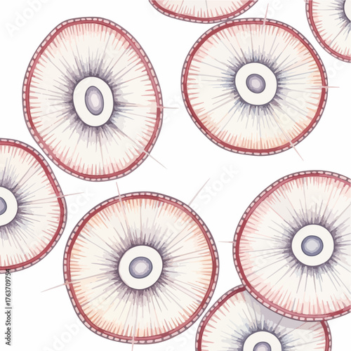 Microscopic organism illustration of stylized cells in a repeating pattern. Microscopic organism concept artwork shows biology details and distinctive structure.