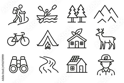 Sustainable river cabin hiking binoculars campsite eco wildlife vector icon icons forest