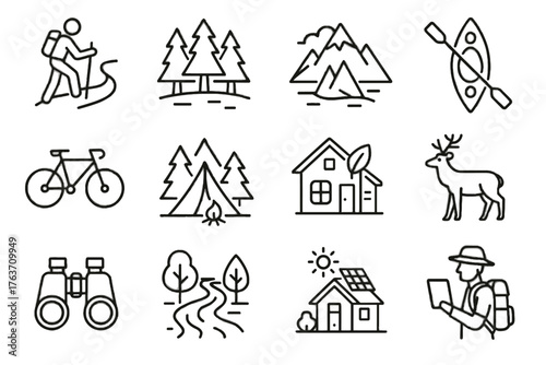 Guide eco mountain trail wildlife bicycle nature river icons icon vector tourism