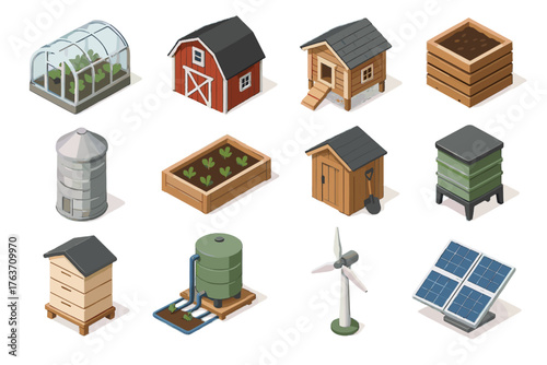 Raised barn isometric icon farm bed icons beehive vector worm coop solar