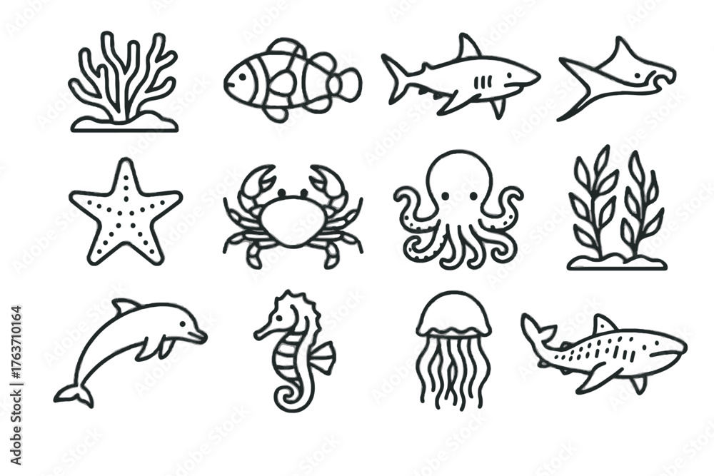 Obraz premium Marine whale starfish forest icon reef jellyfish dolphin vector shark seahorse conservation
