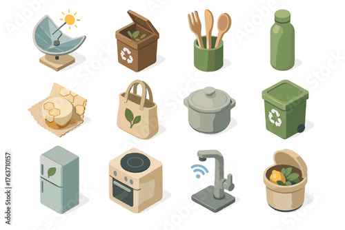 Vector bamboo tap icons stove reusable bin solar kitchen icon induction eco