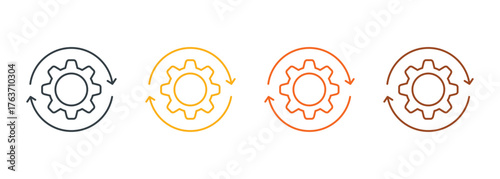 Process Automation Icon Set. Gear and Circular Arrows in Line Style