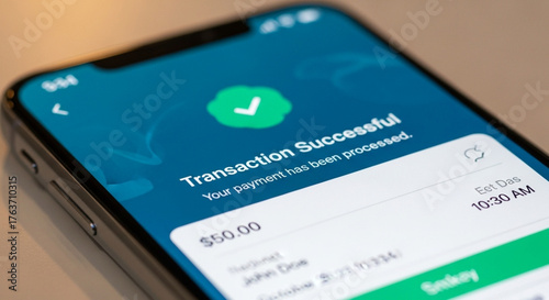 Payment confirmation on smartphone screen with checkmark indicating success, signifying a completed transaction