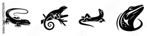 Black Lizard Silhouettes: Artistic Reptile Designs on White Background.
