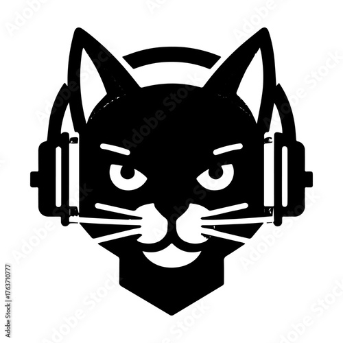 Black cat wearing headphones listening to music.