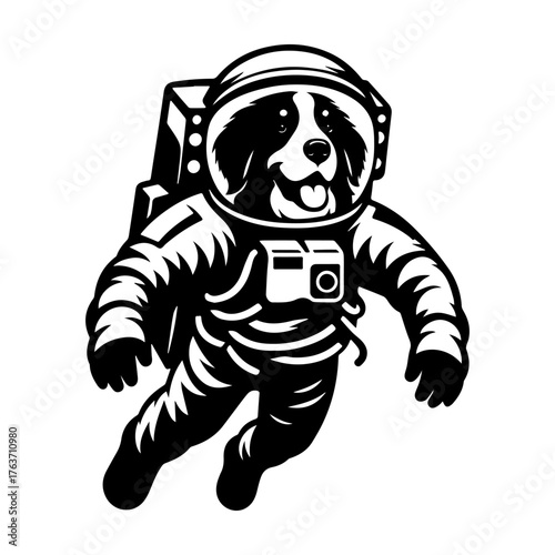Astronaut Dog in Space Suit Floating in Zero Gravity.