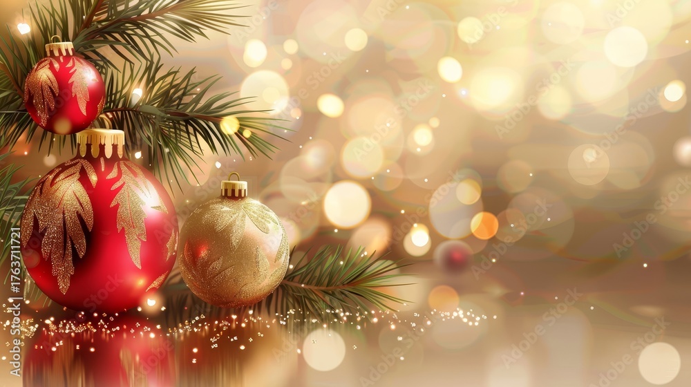 Obraz premium Festive Christmas scene with glowing tree and beautifully wrapped gifts. Warm lights, red and gold tones, and a cozy holiday atmosphere full of seasonal charm.