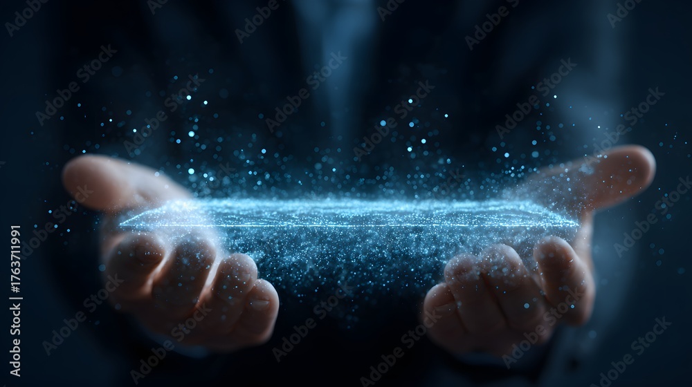 Fototapeta premium Illuminated digital energy forms hover above open palms in a dark setting
