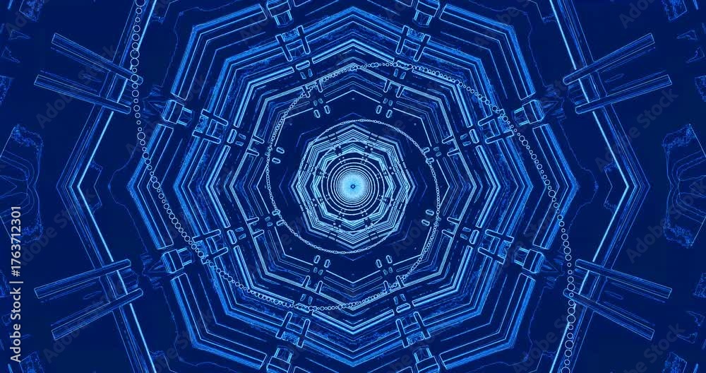 Tunnel video loop screensaver creating a seamless flow of blue geometric patterns and shapes for modern digital displays