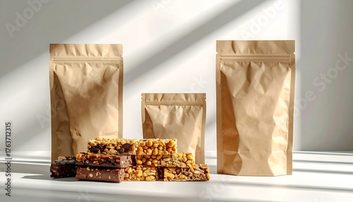 Three kraft paper pouches stand behind stacked granola bars on a clean white surface.
