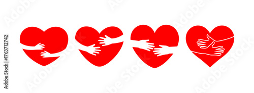 red heart with hugging hands vector icon illustration