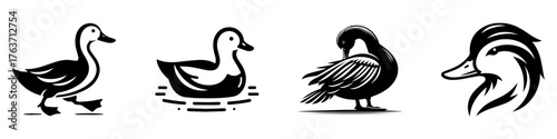 Duck silhouettes in various poses black and white illustrations.