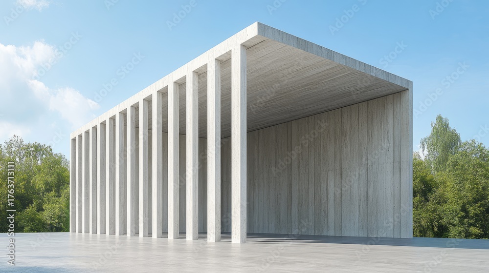 Fototapeta premium Minimalist Concrete Pavilion with Linear Columns and Sky Backdrop