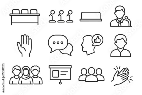 Slide diverse panelist moderator panel view icons discussion bubble table speaker icon