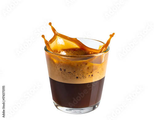 espresso shot in glass cup with rich crema and dynamic splash on isolated background