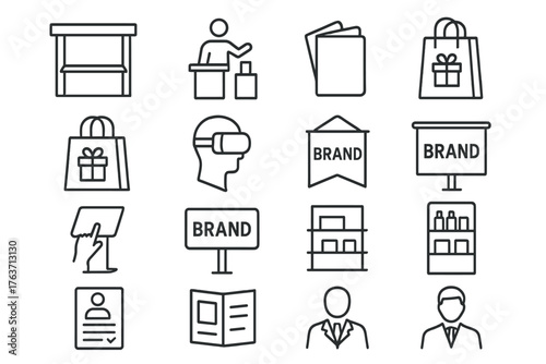 Display expo icon bag product demo form brand icons zone vector stack