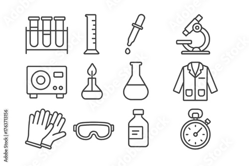 Pipette reagent safety equipment tubes laboratory test bottle timer icons coat icon