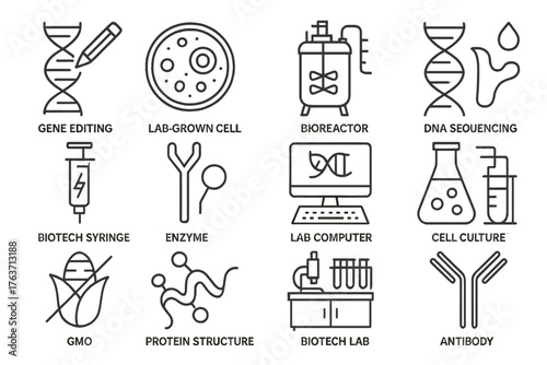Icons biotech symbol enzyme syringe gene computer sequencing protein icon vector grid