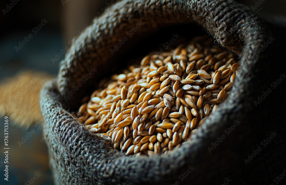 Obraz premium Dark Cinematic Shot of Wheat Grain Sack on Wooden Surface