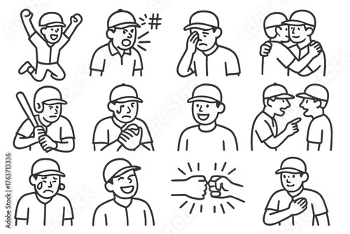 Fan reaction vector baseball icons disappointed team icon nervous emotion pitcher jump