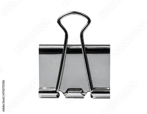 metal binder clip closed silver office stationery clamp with reflective finish on isolated background