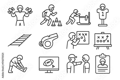 Position drills icons dummy whistle ladder hydration icon football cones resistance vector