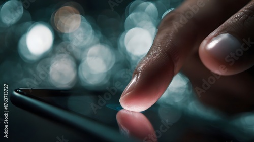 Close up of a finger tapping on a smartphone screen with blurred lights in the background symbolizing digital interaction