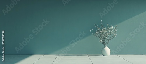 Minimalist Teal Interior with White Vase and Delicate Flowers, Sunlight.