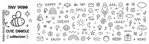 Cute kids elements, tiny tattoo. Pencil kindergarten doodle icons. Daycare and children drawings set, Playful scribble lines in sketch style. Hand drawn illustration isolated on white background