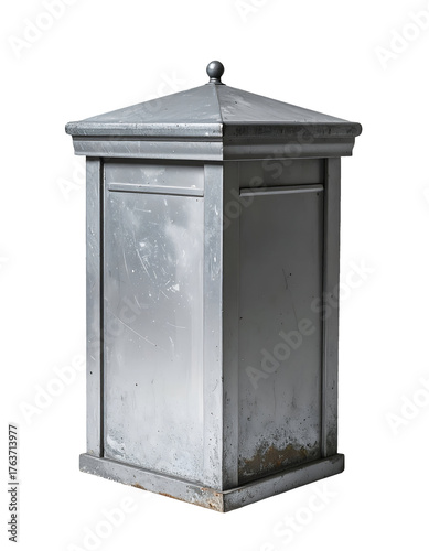 Photography silver metal mailbox postbox with letter slot square pillar and roof finial on i