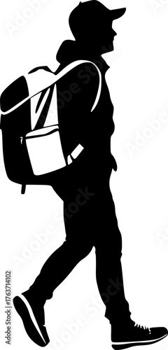 Silhouette of a backpacker standing on mountain design
