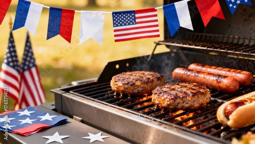 Festive Outdoor Barbecue with Juicy Burgers and Hot Dogs on Grill, Surrounded by Patriotic American Flags and Colorful Bunting in a Sunlit Garden Setting, Perfect for Summer Celebrations