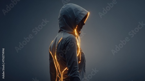 Person wearing jacket with luminous threads