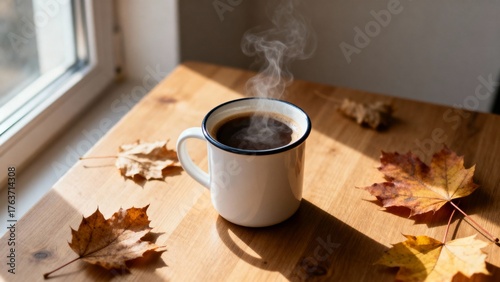Cozy Autumn Morning with a Steaming Cup of Coffee on Wooden Table Surrounded by Fallen Maple Leaves Near Sunlit Window