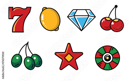 Slot Machine Icons Set with Lucky Seven, Lemon, Diamond, Cherries, Star, and Roulette Wheel