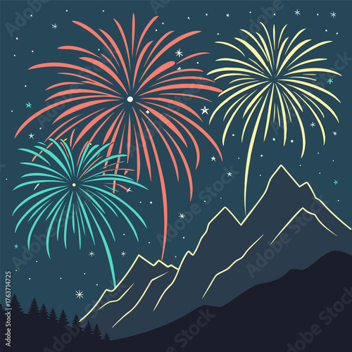 Colorful fireworks exploding over mountain silhouettes against a starry night sky, celebrating joy and festive moments