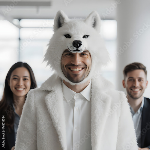 Man with white husky head mask in office with colleagues wearing business casual attire
