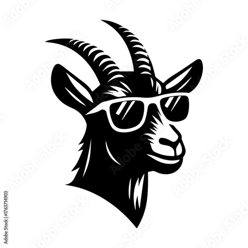 Cool Goat Wearing Sunglasses Black and White Vector Illustration.