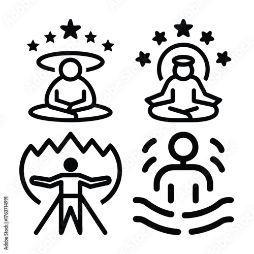 Set of four abstract icons representing meditation spiritual enlightenment and well being