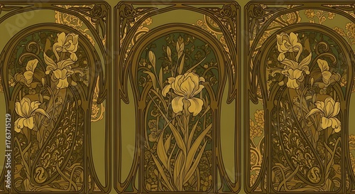 Art Nouveau Irises Panel Illustration in Green and Gold Elegance