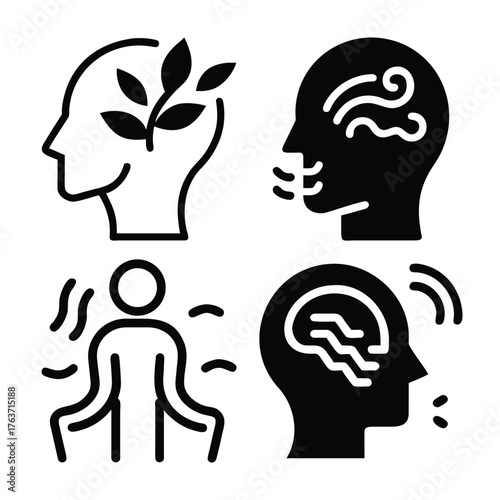 Four icons representing mental health concepts and well being