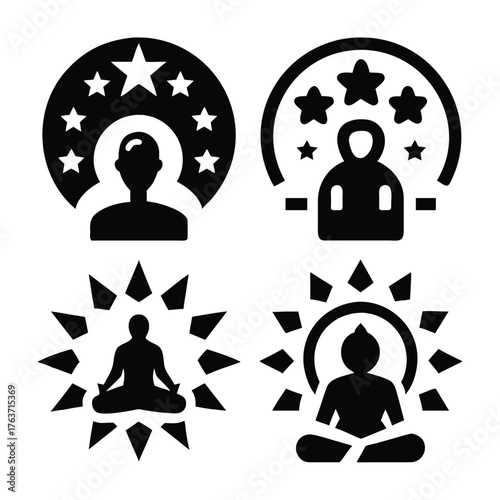 Four stylized icons representing enlightenment meditation and spiritual growth
