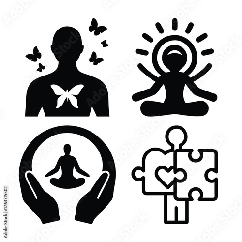 Set of icons representing mental health and well being concepts