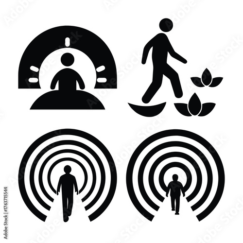 Four abstract icons representing human journey and transformation