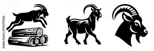 Goat Silhouettes: Jumping Walking and Head Profile Illustrations.